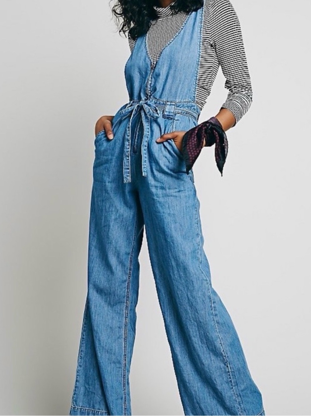 Free People Light Blue Denim Tie-Waist Wide-Leg Jumpsuit